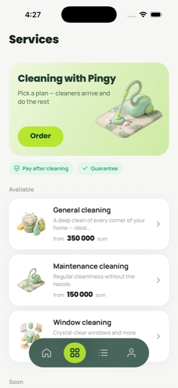 The Services screen in the Pingy app — the cleaning catalog with prices