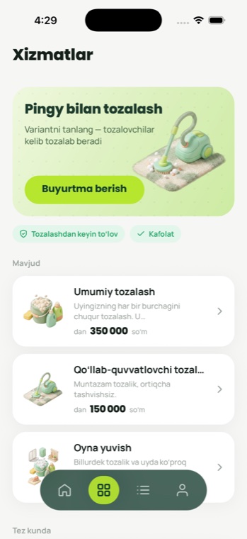 Pingy ilovasidagi «Xizmatlar» ekrani — narxlari bilan katalog