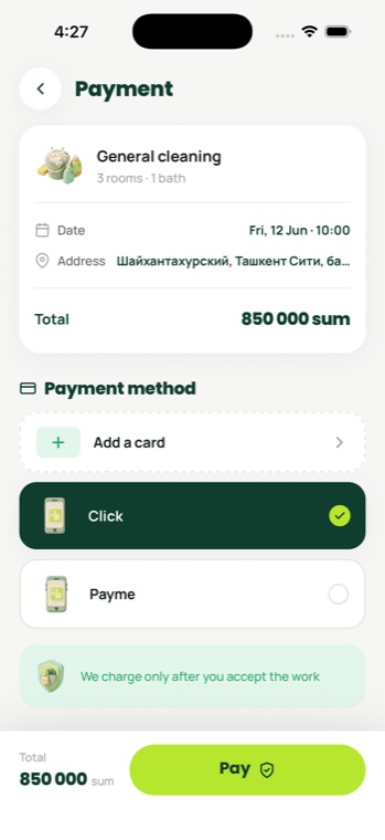 The payment screen in the Pingy app — total and payment method