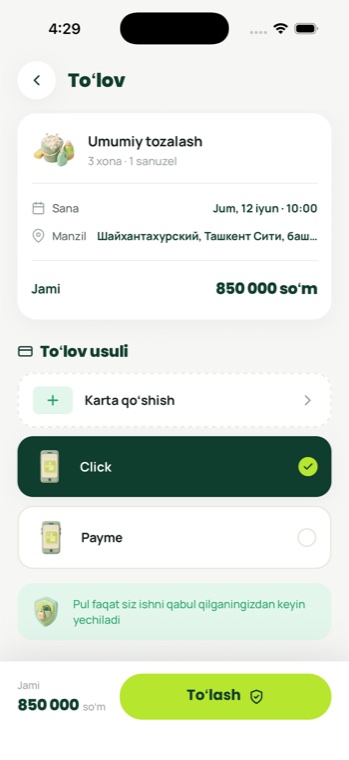 Pingy ilovasidagi toʻlov ekrani — jami va toʻlov usuli