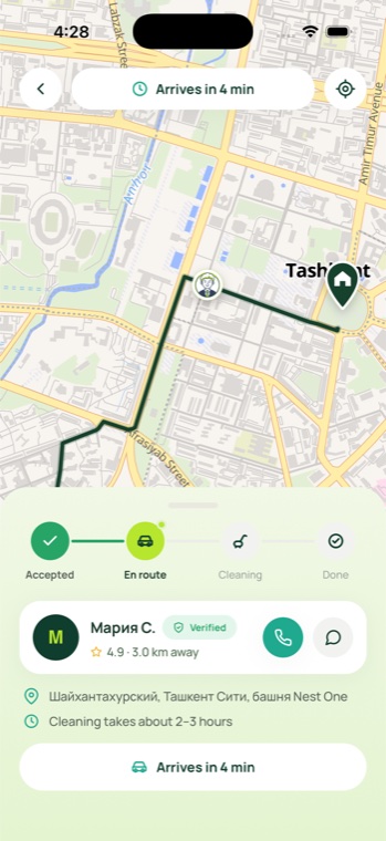 The tracking screen in the Pingy app — the master en route on the map