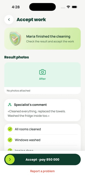 The work acceptance screen in the Pingy app — checklist and accept button