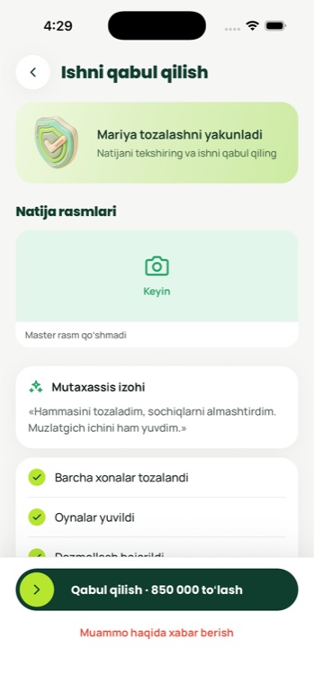 Pingy ilovasidagi ishni qabul qilish ekrani — roʻyxat va qabul tugmasi